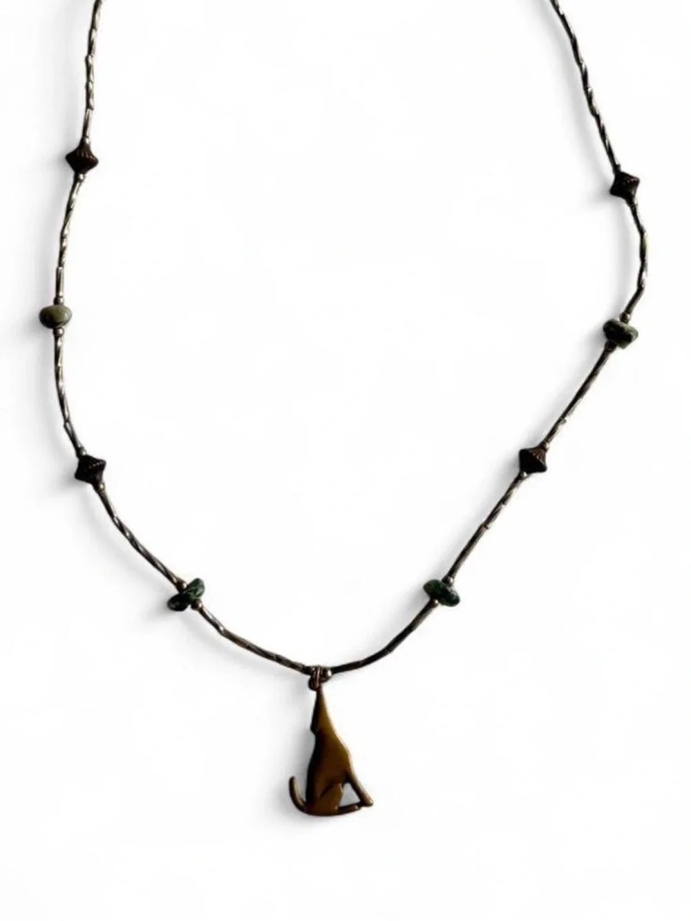 Handmade necklace with bronze wolf dog pendant and silver brass and green beads